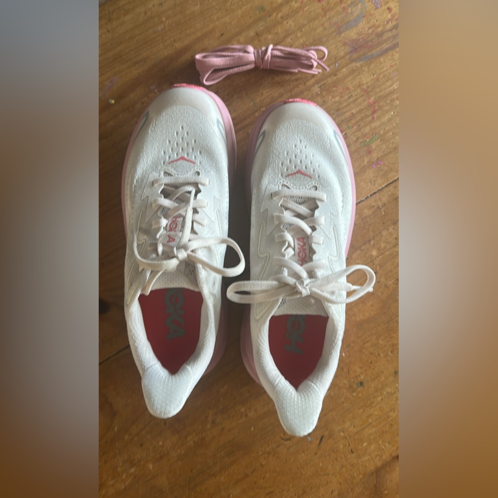 Hoka White and Pink Running Shoes children size  3.5